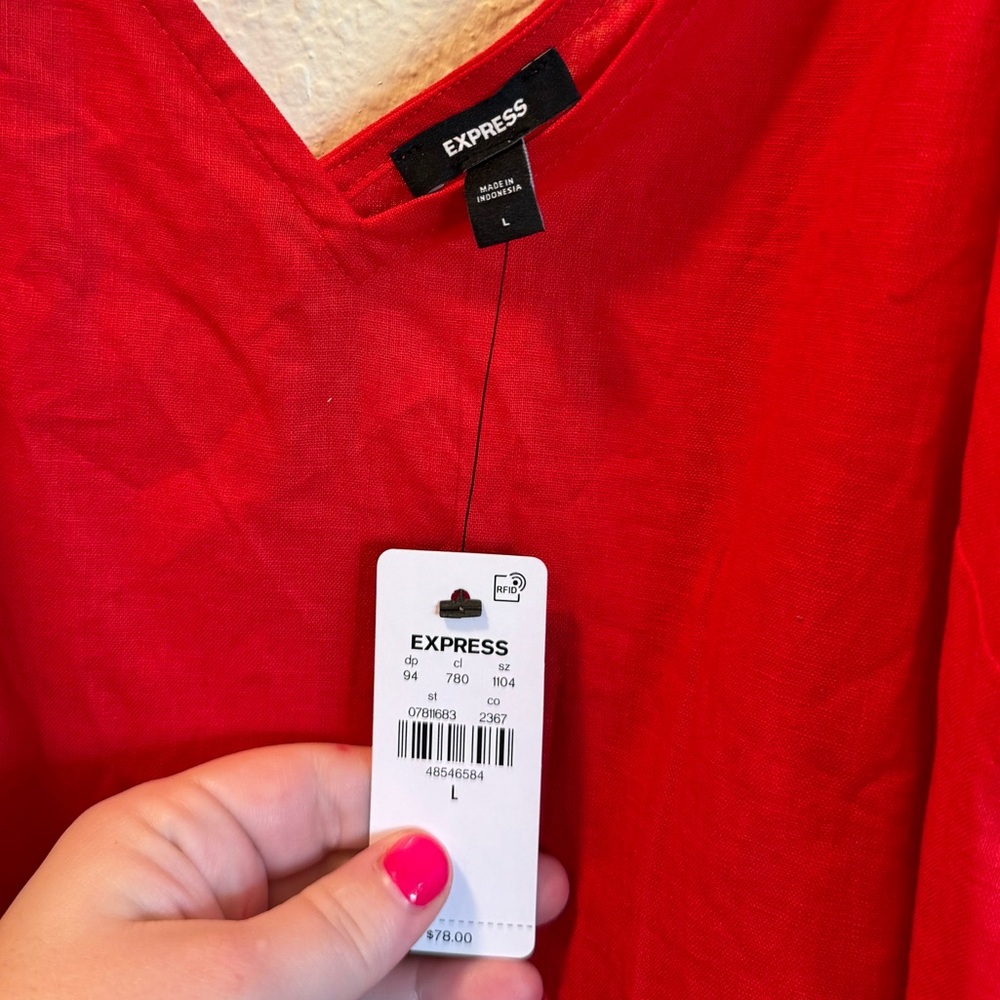 Express Vibrant Red V-Neck Linen Dress - Picture 2 of 2